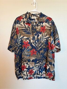 Caribbean Silk Blend Hawaiian Camp Shirt XL Tropical Floral Silk Short Sleeve